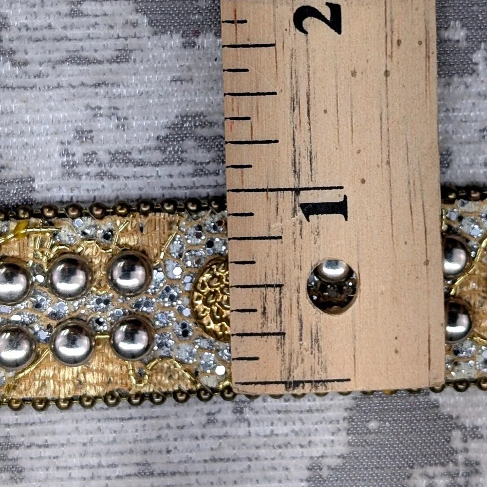 Vintage Gold Lace Silver Glitter Studded Western Boho Belt Gold Buckle 32.5in